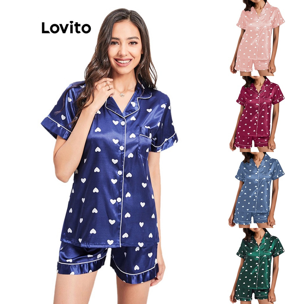Lovito Conjunto de Pijama Americano de Seda Fria Soft Com Mangas Curtas e Estampa De Amor L02023 ... | Shopee (BR)