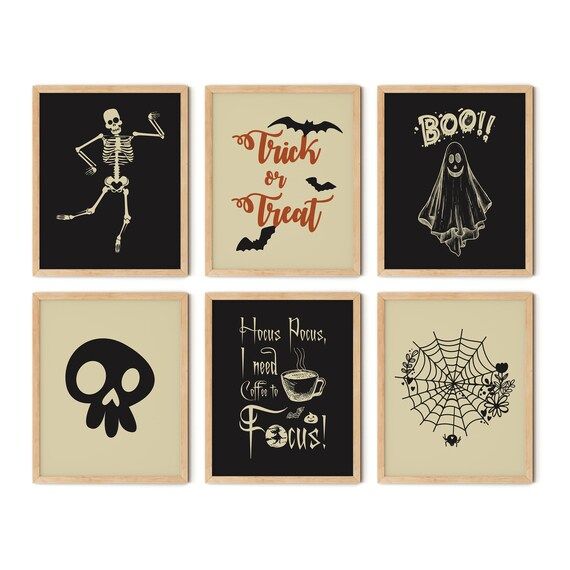 Halloween Set of 6 Prints,Halloween Decor,Halloween Art,Halloween Printable,Ghost Print,Skull Art... | Etsy (US)