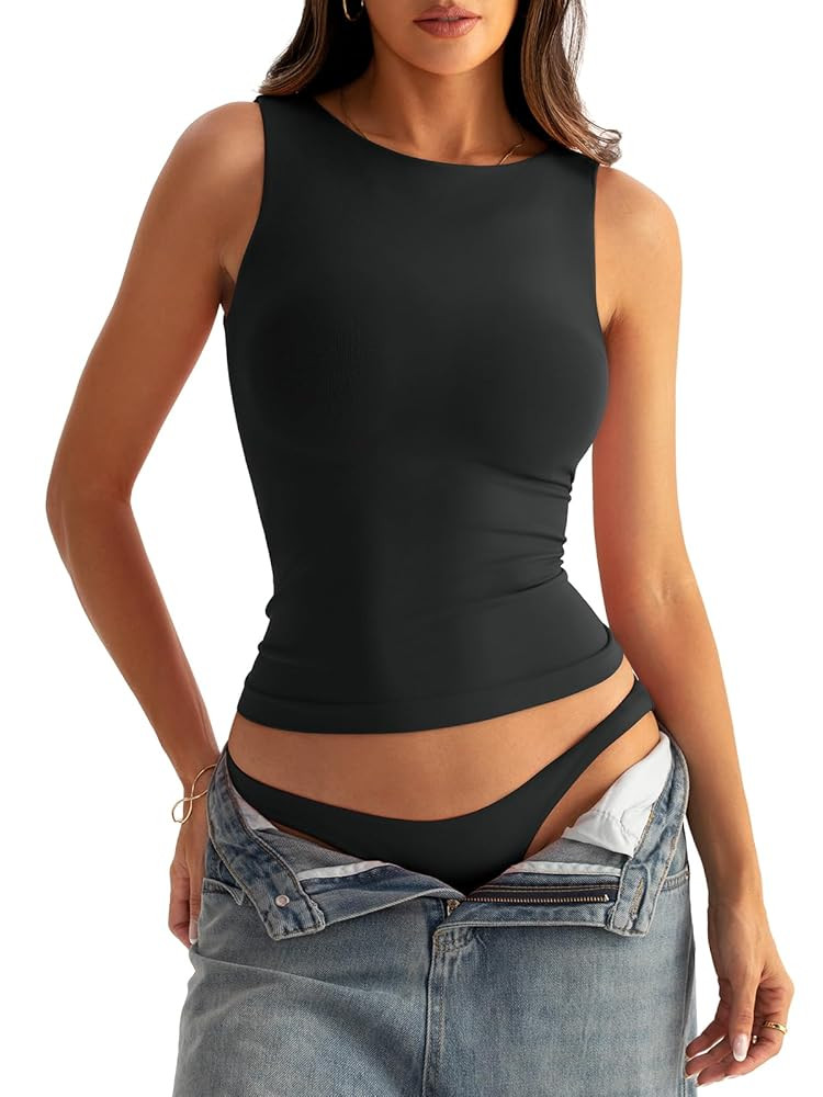 Womens Boat Neck Seamless Tank Tops Sleeveless Double Layering Shirts Basic Going Out Tops Summer... | Amazon (US)
