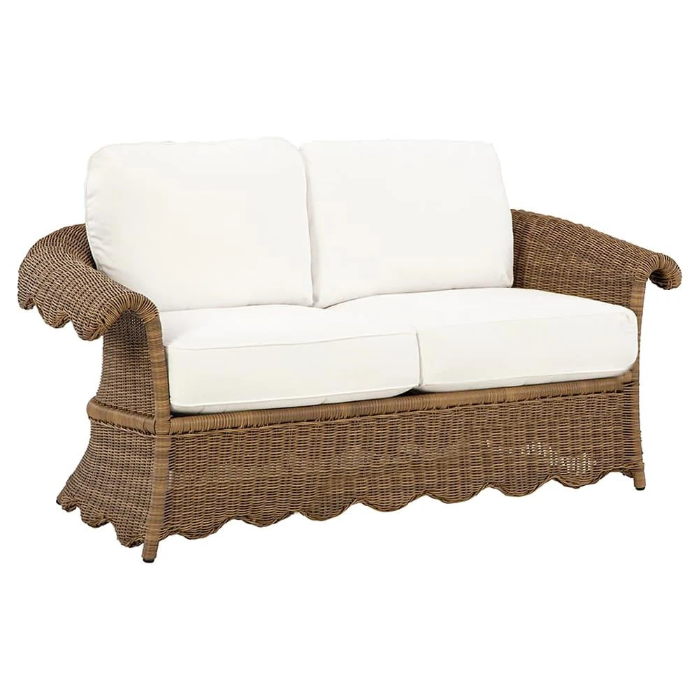 Cielo Coastal White Sunbrella Brown Wicker Scalloped Outdoor Loveseat - 63" | Kathy Kuo Home