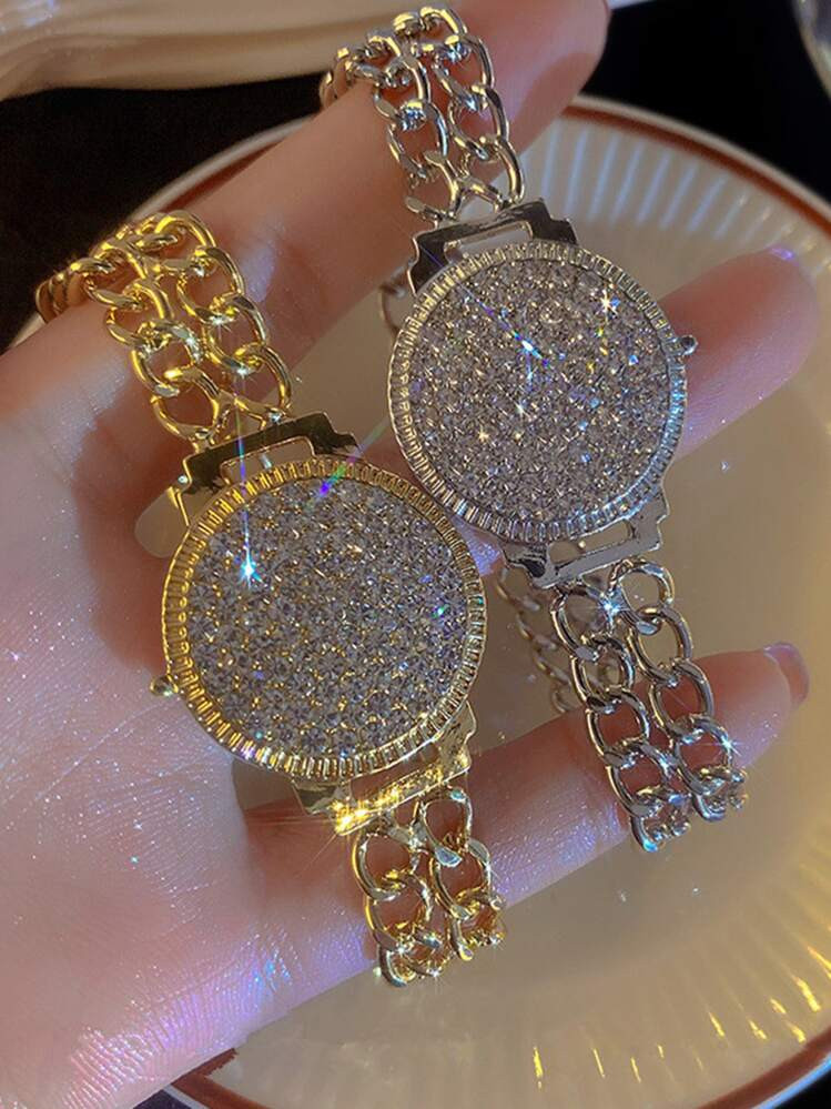 1pc Rhinestone Watch Face Bracelets For Women Shiny Crystal Gold Plated Bracelet Party Jewelry Gi... | SHEIN