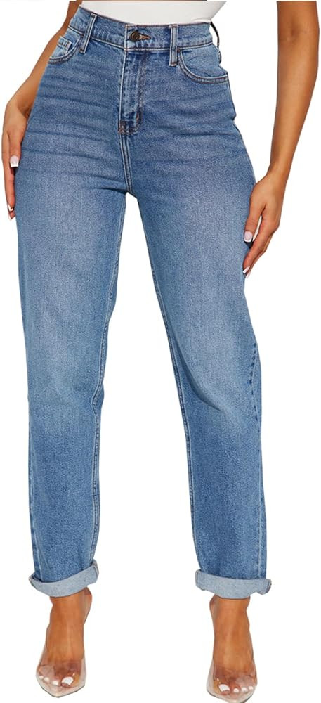SheKiss Boyfriend Stretchy Jeans for Women - Distressed Frayed High Waisted Trendy Denim Blue Jea... | Amazon (US)