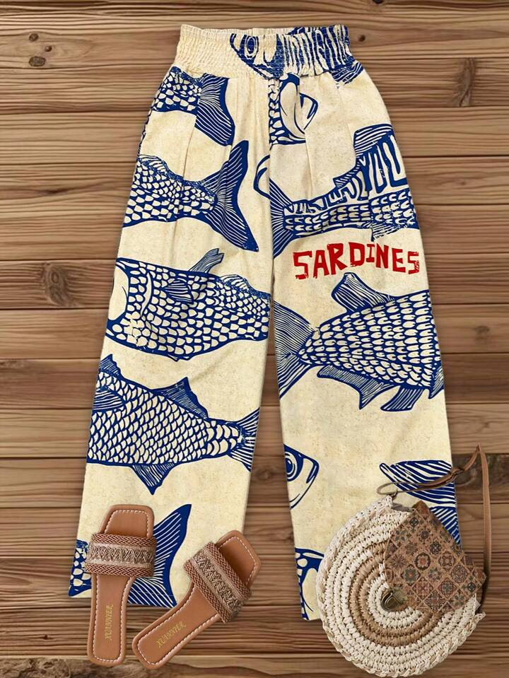 Breezaya Women's Casual Vacation Light Beige Base Large Fish Retro Print Waistband Design Wide Le... | SHEIN