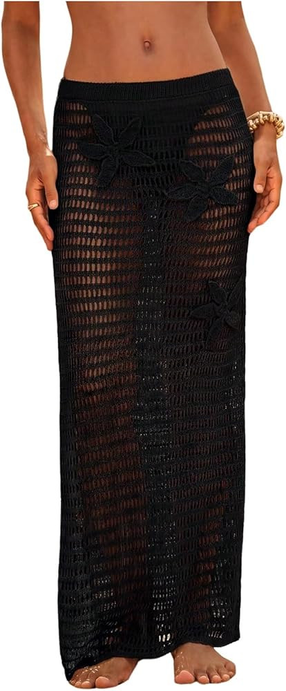MakeMeChic Women's Crochet Cover Up Long Skirt 3D Floral Split Hollow Out Beach Summer Swimwear | Amazon (US)