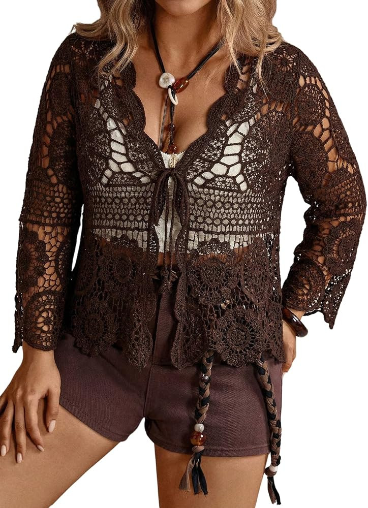 SHENHE Women's Plus Size Hollow Out Cardigan Lightweight Sheer Tie Front Boho Kimono | Amazon (US)