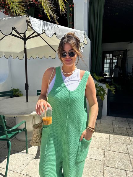 Coffee run outfit waffle jumpsuit I’m in in a XL and 5’9” 💚🌴 comes in 10 colors! I layered with a white high neck tank top :) 

#LTKmidsize #LTKstyletip #LTKtravel