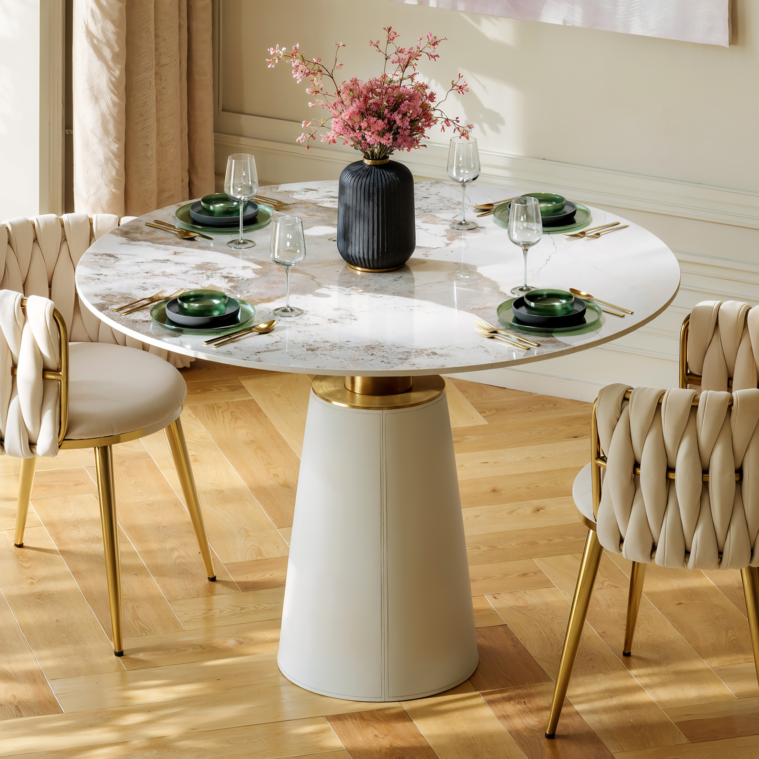 39"" Sintered Stone Round Dining Table with Saddle Leather Base Seats 2-4 People | Homary