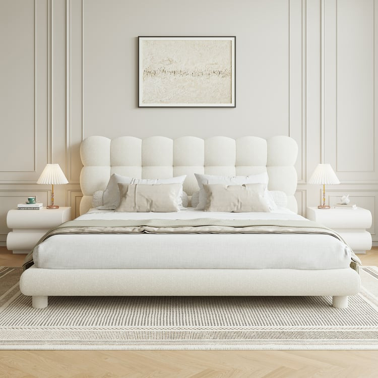 White Boucle Upholstered Platform Bubble Queen Bed Frame | Homary