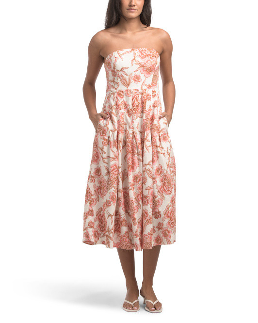 Linen Blend Strapless Floral Midi Dress | TJ Maxx
