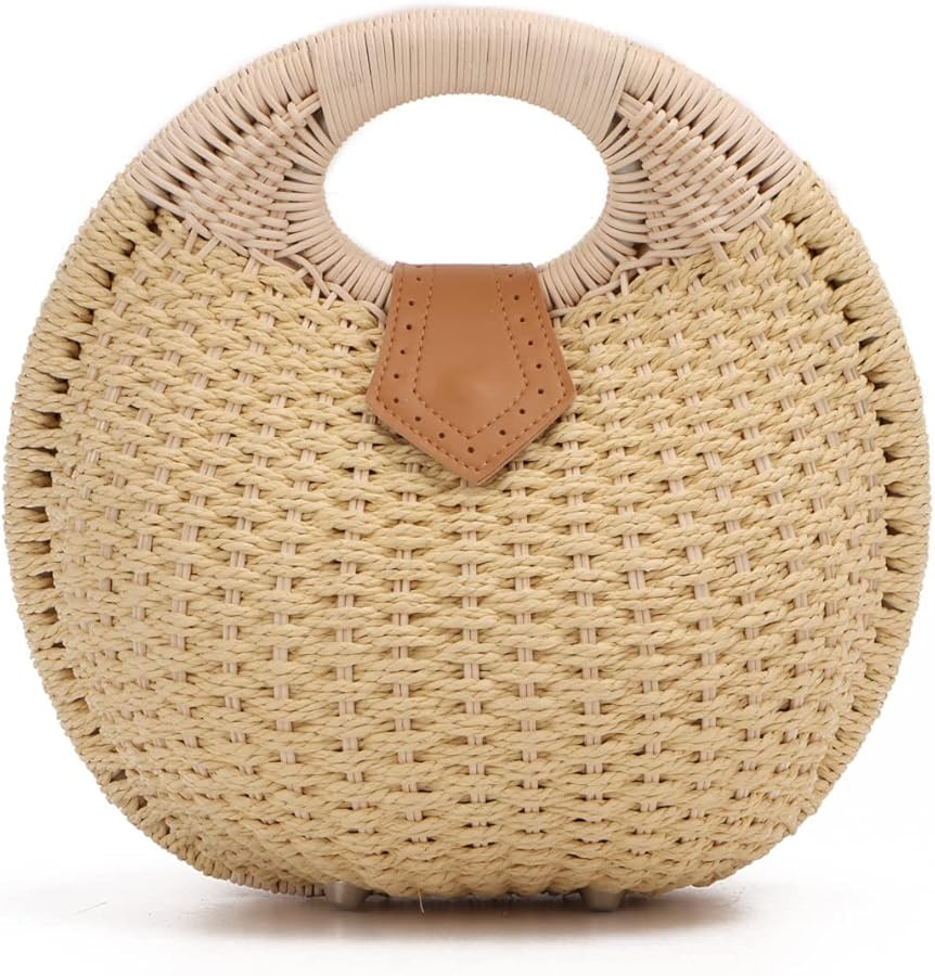 Ynport Straw Purses for Women Summer Beach Rattan Tote Bag Round Handle Ring Handbag Retro Handma... | Amazon (US)