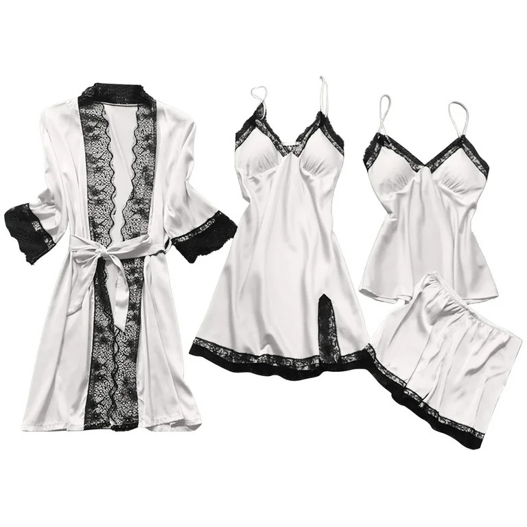 Womens 4pcs Pajamas Set, Soft Silk Satin Sleepwear Lace Trim Nightdress Pj Set with Robe, Comfy H... | Walmart (US)