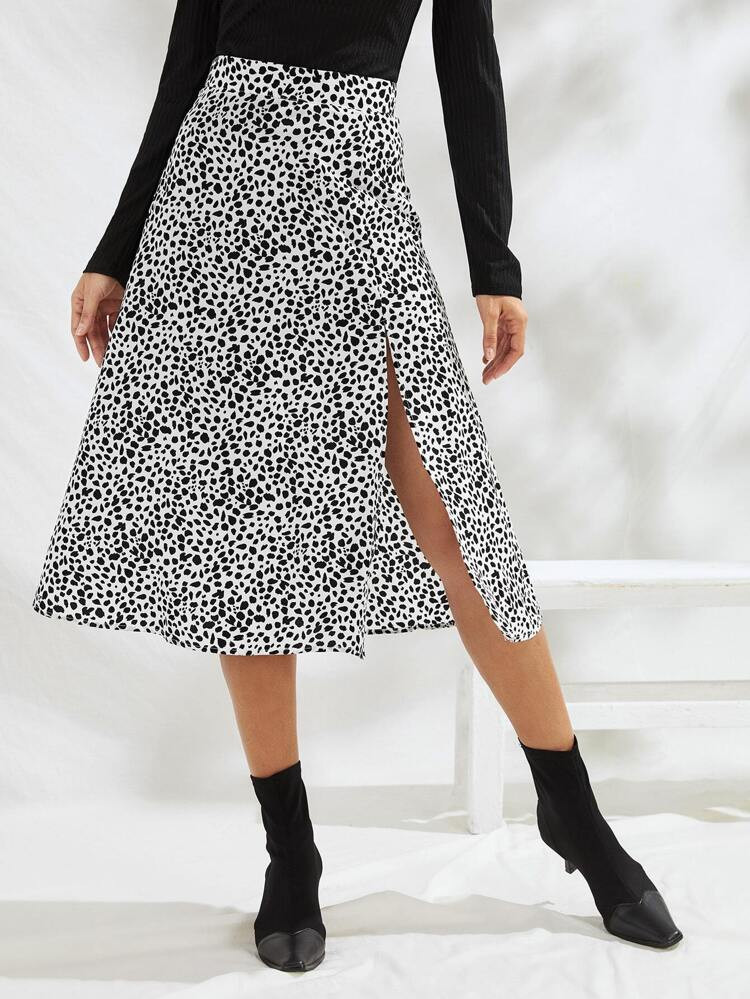 Speckled Print Split Thigh A-Line Midi Skirt | SHEIN