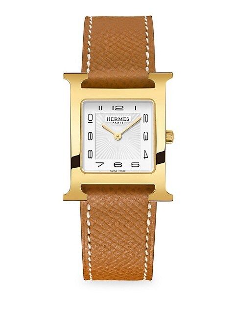 HERMÈS Heure H 26MM Goldplated &amp; Leather Strap Watch | Saks Fifth Avenue