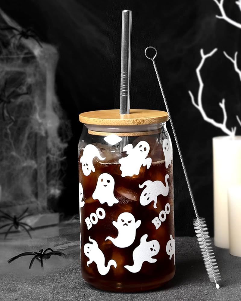 Halloween Ghosts Beer Can Glass Fall Iced Coffee Glass 16 OZ Spooky Mason Drinking Jar Glass with... | Amazon (US)