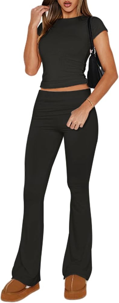 Ivicoer Stylish Women's 2 Piece Outfits Soft Short Sleeve Crop Tops and Fold over Yoga Pants Y2k ... | Amazon (US)