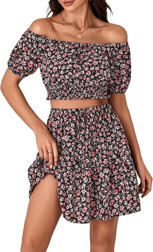 Vrtige Women's 2 Piece Outfits Floral Off Shoulder Crop Top and Ruffle High Waist Mini Skirt  Sum... | Amazon (US)