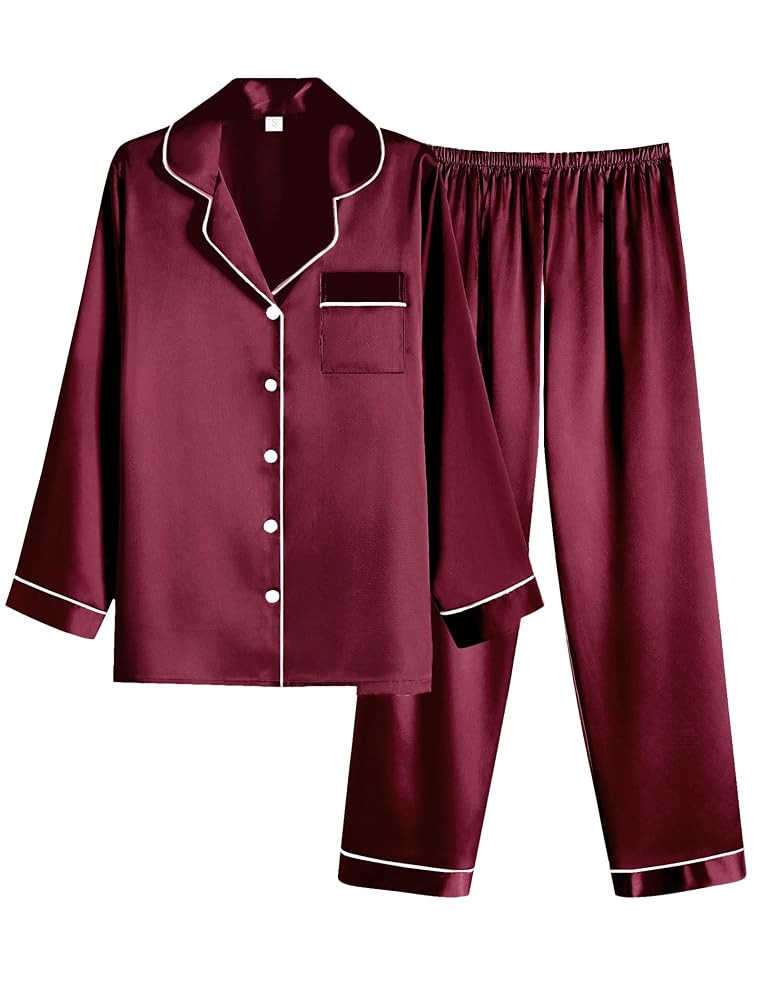 Ekouaer Women Satin Pajamas Set Classic Button Down Long Pjs Set | Amazon (US)