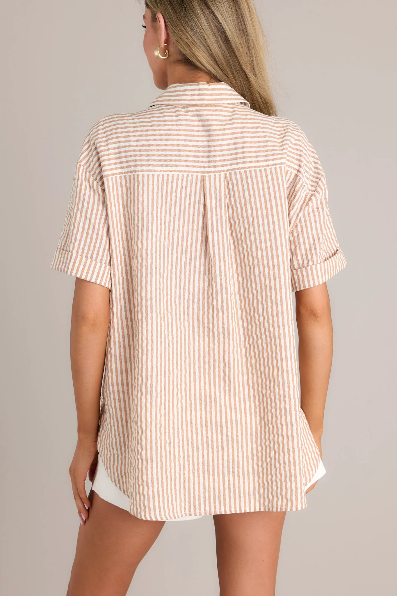 Journey Of Love Tan Striped Button Front Top | Red Dress