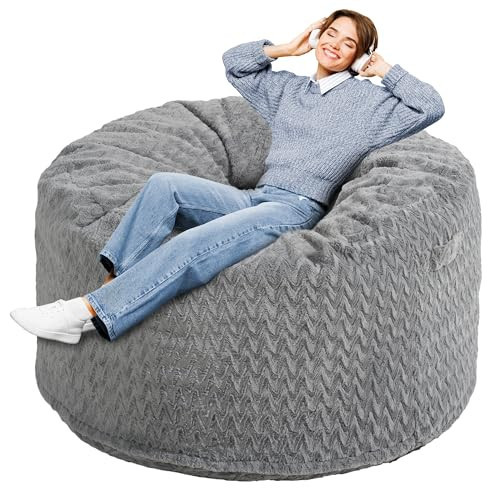 Homguava 5FT Bean Bag Chair: 5' Bean Bags with Memory Foam Filled, Large Beanbag Chairs Soft Sofa with Dutch Chevron Plush Cover, Grey | Amazon (US)