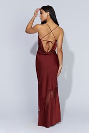 Chandra Lace Detail Satin Maxi Dress - Cherry Chocolate | MESHKI US