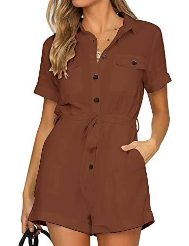 GRAPENT Women's Cambridge Brown Summer Button Down 100% Cotton Rompers Casual Short Sleeve Pockets Belted Short Jumpsuits Playsuits for Women Size X-Large Size 16 Size 18 | Amazon (US)