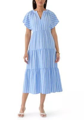 Emma & Michelle Women's Short Flutter Sleeve Tiered Striped Midi Dress, Small | Belk