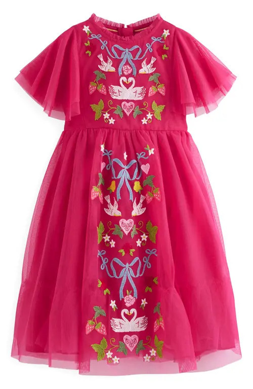 Mini Boden Kids' Embroidered Tulle Dress in Cherry Jam Lovebirds at Nordstrom, Size 6-7Y | Nordstrom