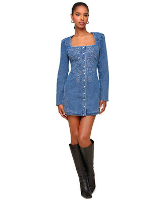 Women's Portrait-Neck Snap-Front Embroidered Dress | Macy's