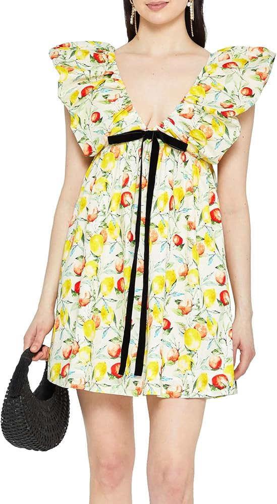 hibshaby Women's Floral Print Mini Dress V Neck Puff Sleeve Dress Short Babydoll Bow Dress | Amazon (US)