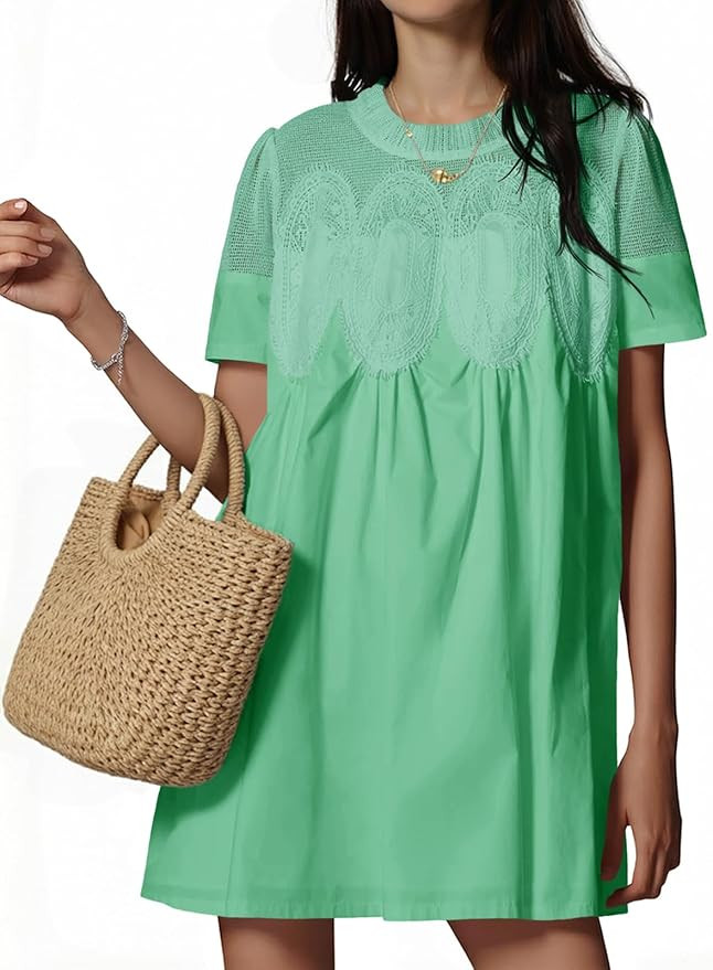 Wenrine Womens Lace Mini Dress Summer Short Sleeve Crewneck Sheer Mesh Casual Loose Ruffle Babydo... | Amazon (US)