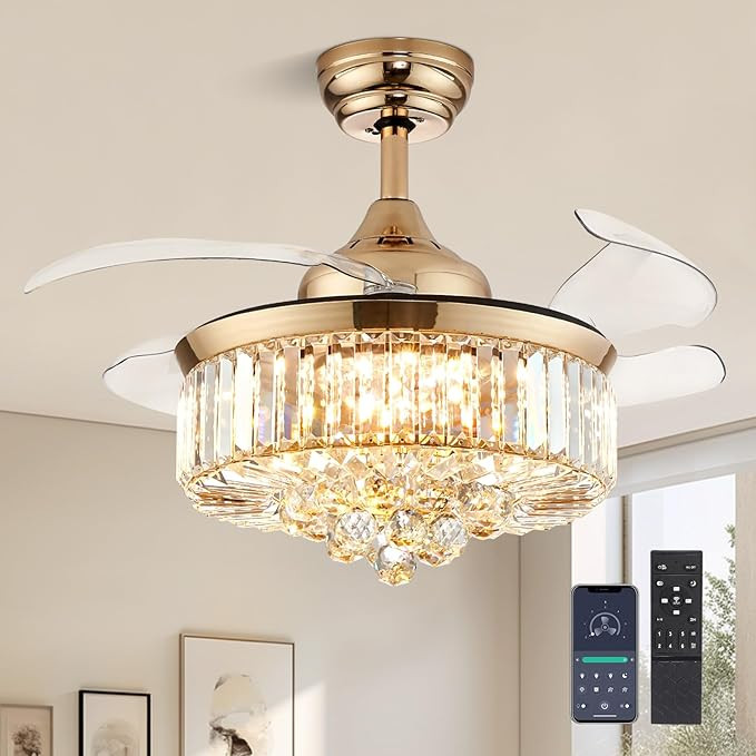 CROSSIO 36" Gold Crystal Ceiling Fans with Lights Retractable invisible Blades Fandelier Dimmable... | Amazon (US)