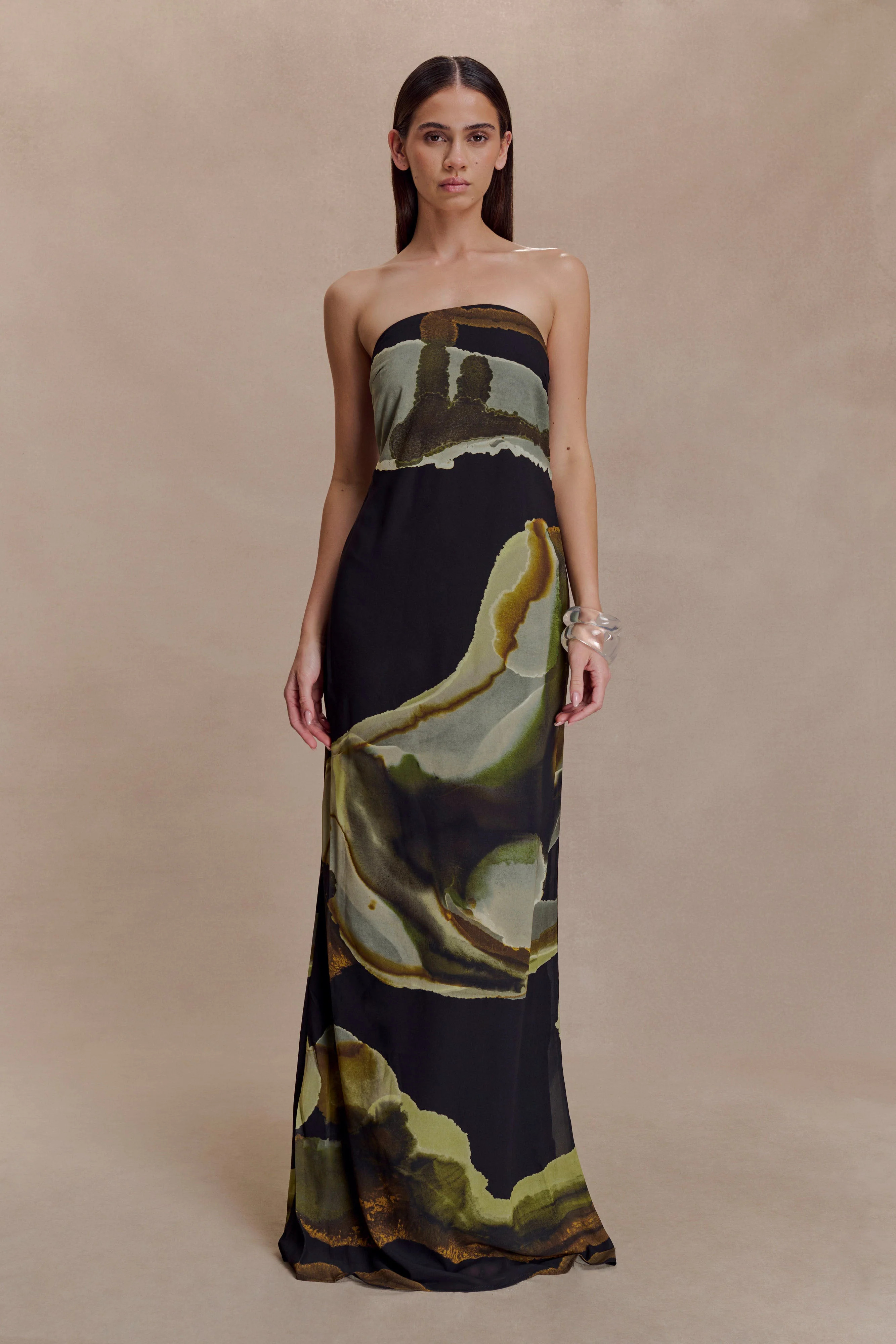 Amaya Strapless Chiffon Maxi Dress - Green Fluid Reverie Print | Meshki UK