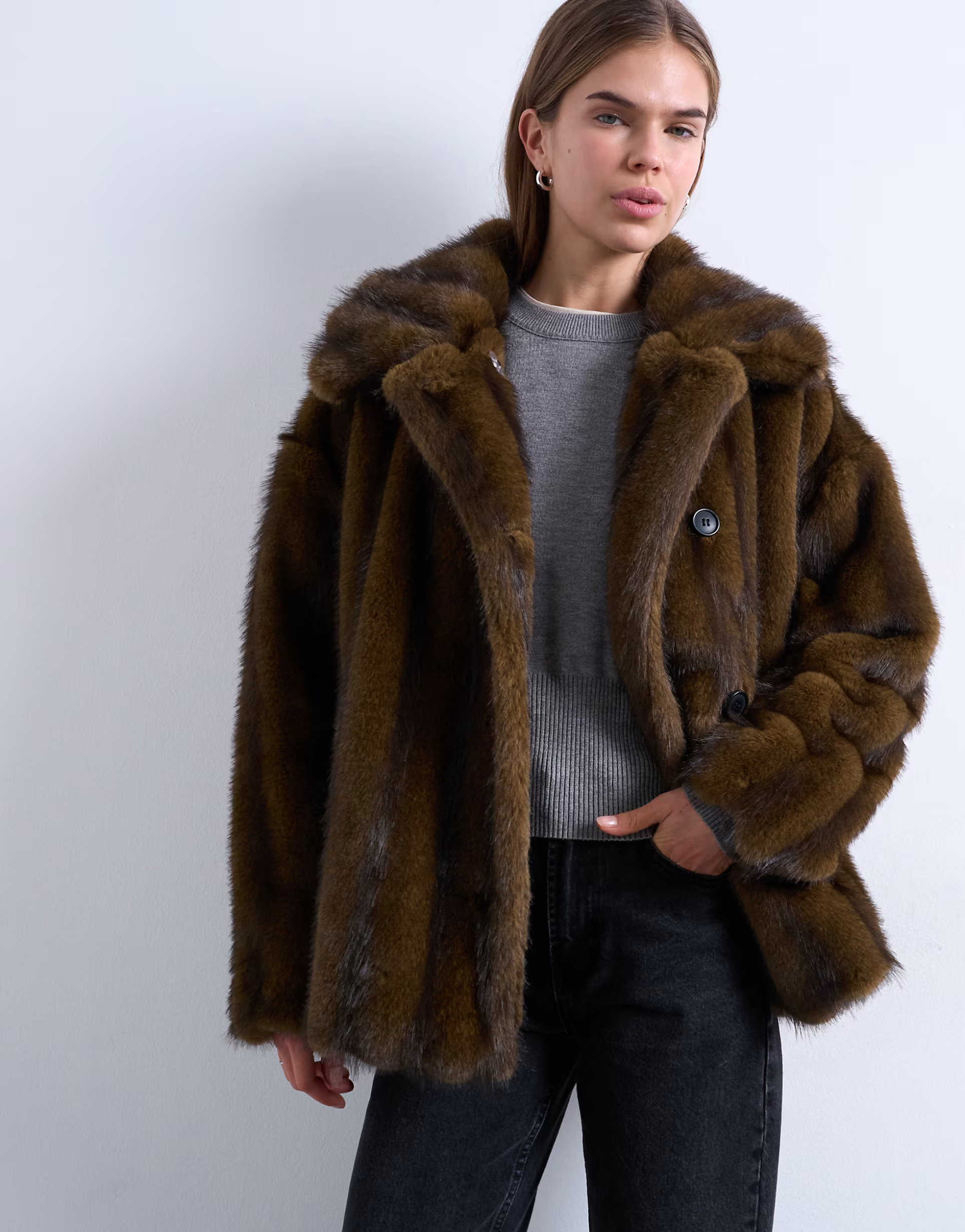 Topshop faux fur short car coat in natural stripes | ASOS (Global)