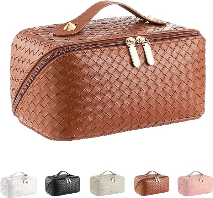 ALEXTINA Large Capacity Travel Cosmetic Bag - PU Leather Makeup Organizer Bag Portable Woven Make... | Amazon (US)