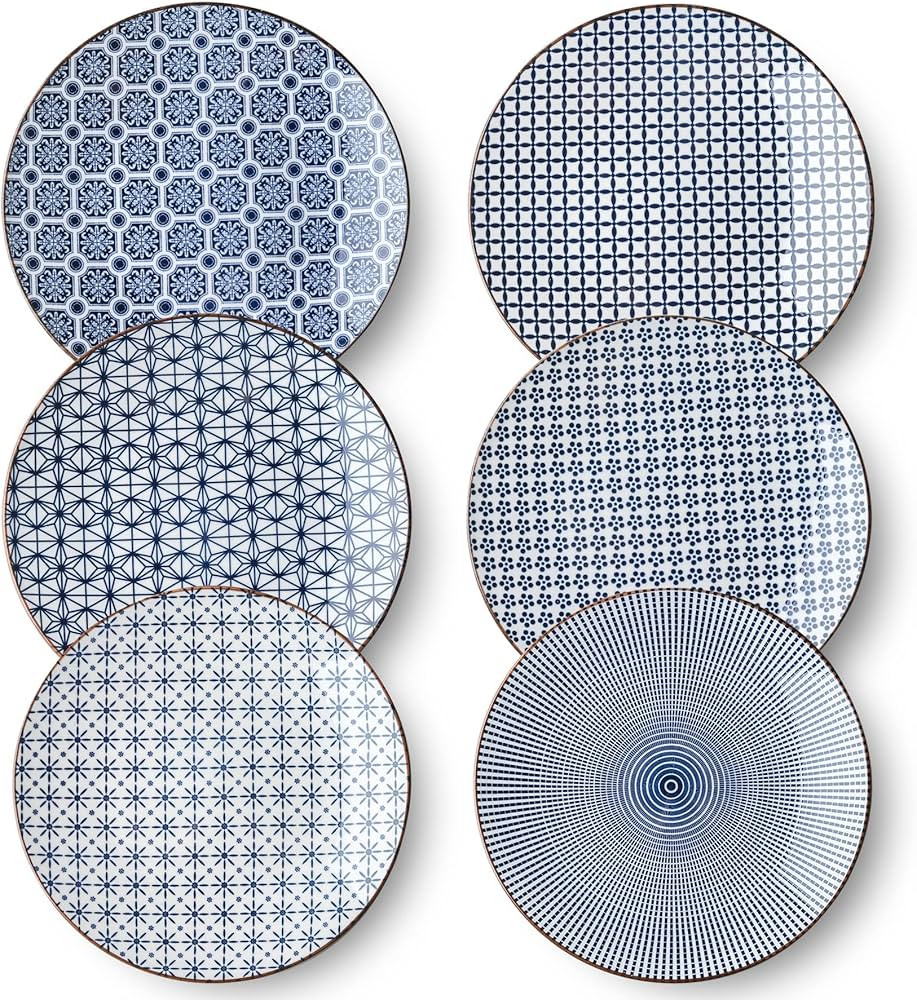 YELLOYA 8.6 Inch Japanese Blue and White Ceramic Dinner Plates Set - Blue Salad plates Set of 6-K... | Amazon (US)