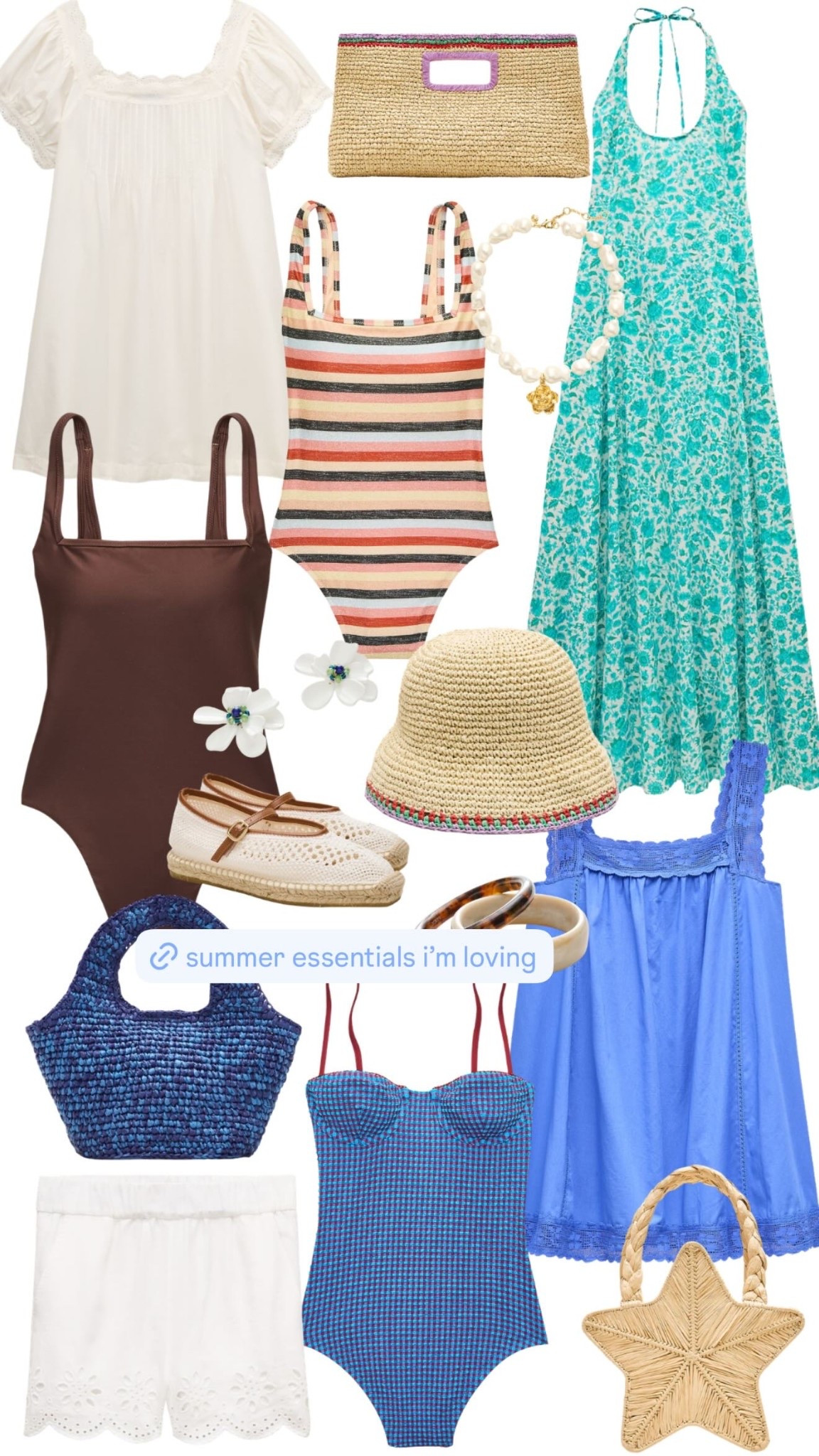 summer essentials from j.crew that you'll be reaching for on repeat ☀️ the blue lace-trim coverup, chocolate brown one-piece, striped swimsuit, woven mary janes, and raffia bags are all so good. equal parts classic, fun, and easy to mix into your summer wardrobe. 

 #LTKSeasonal #LTKSwim