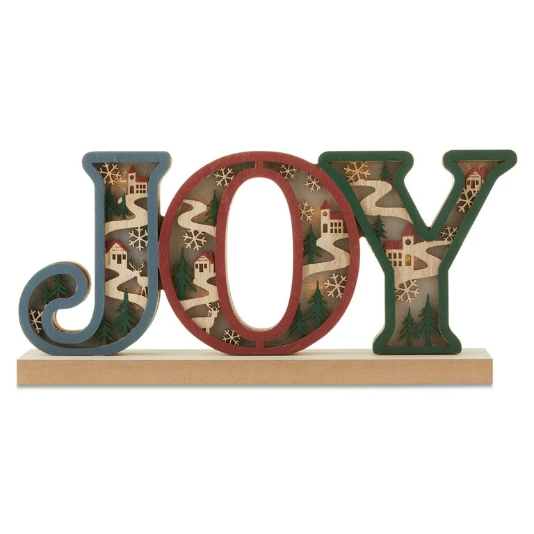 Light-Up Wooden Joy Christmas Tabletop Decoration, Brown, 11.75", by Holiday Time - Walmart.com | Walmart (US)