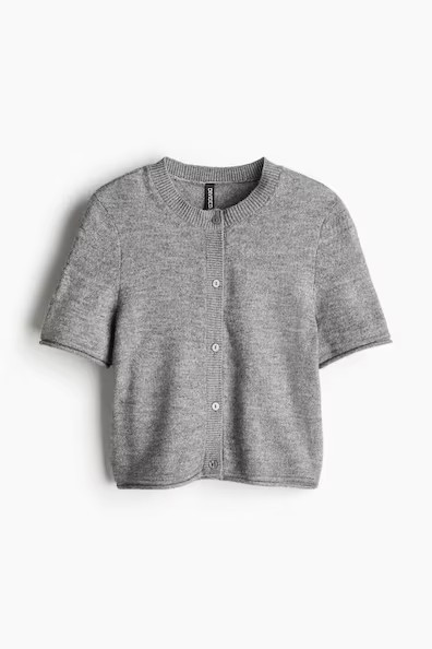 H & M - Short-sleeved Fine-knit Cardigan - Gray | H&M (US + CA)