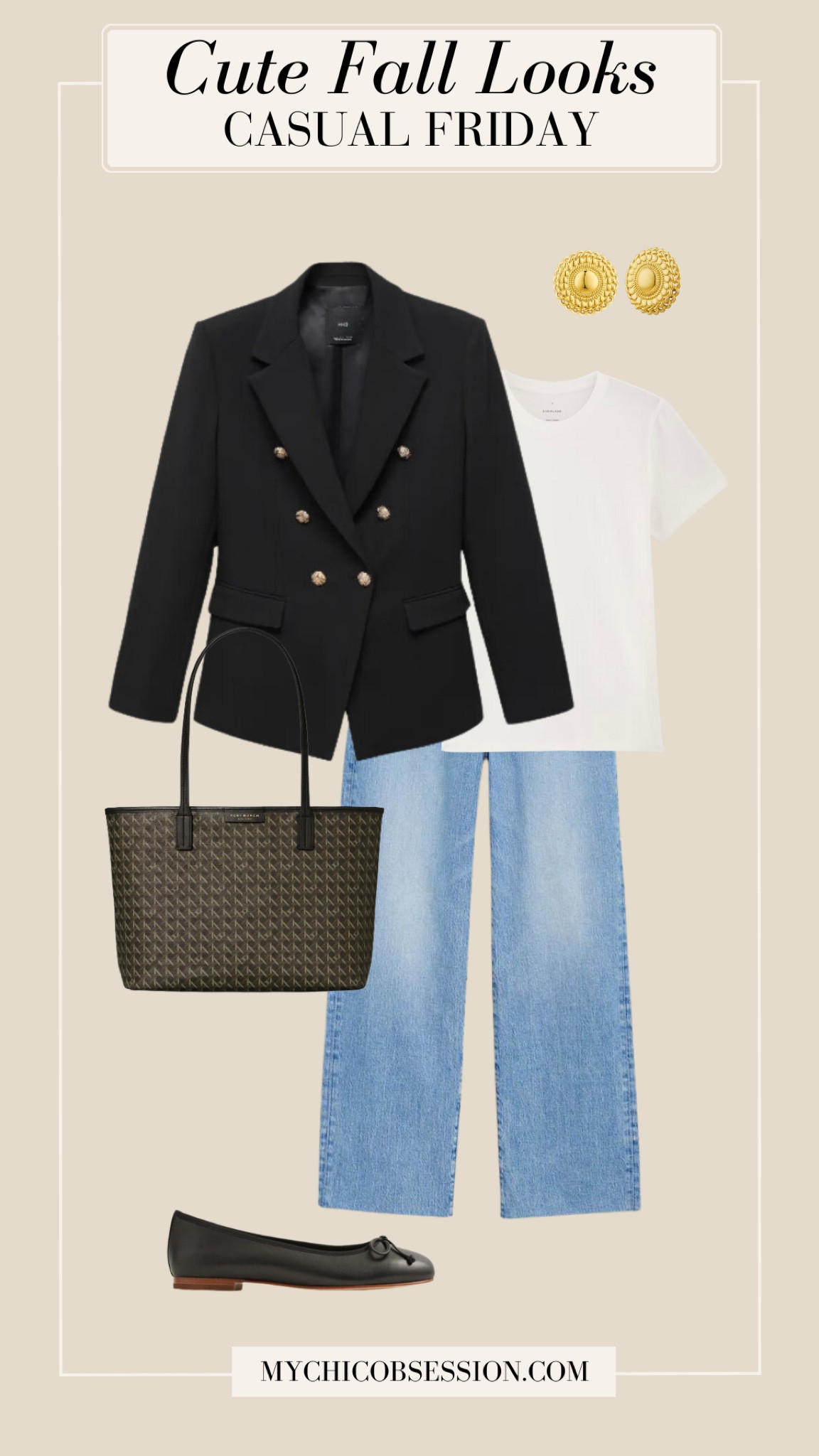 Style a fall look for casual Friday. Layer a fitted blazer over a white tee, wide-leg jeans, a patterned tote, gold earrings and ballet flats.

#LTKStyleTip #LTKSeasonal #LTKWorkwear