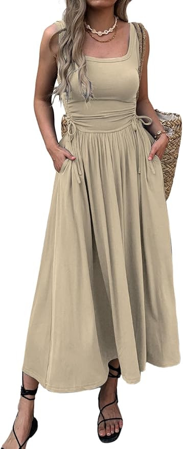 Mieazom Women’s Boho Summer Maxi Dress with Pockets, Adjustable Waist, Sleeveless Casual Ruched... | Amazon (US)