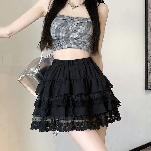 Magimomo - High Rise Plain Lace Trim Mini A-Line Layered Skirt | YesStyle Global