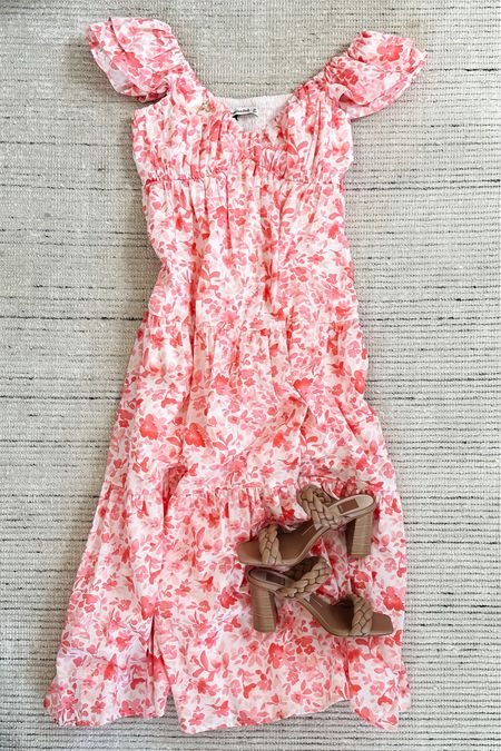 Beautiful spring floral dress paired with sandals and earrings. Perfect for Easter dress, vacation outfit or date night! On sale for 20% off. Linking other dresses on sale for 20% off, also! 

#LTKSeasonal #LTKstyletip #LTKsalealert