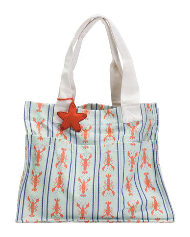 Cotton Canvas Falhan Lobster Stripe Pocket Tote | TJ Maxx