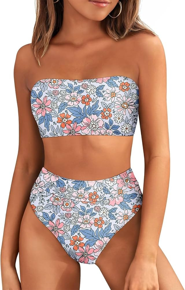 Pink Queen Women's High Waisted Bikini Set Off Shoulder Bandeau Swimsuit Top High Cut Cheeky Swim... | Amazon (US)