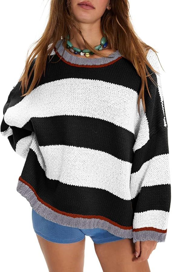 Womens Fall Color Block Striped Sweater Crewneck Long Sleeve Loose Pullover Sweaters Knitted Tops | Amazon (US)