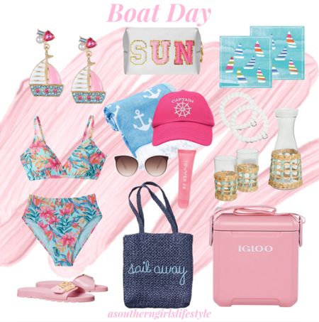 Sail Away! Boat Day! Bathing Suit, Cooler & Tote Bag are on Sale!

Sail Boat Earrings, Sun Patch Letter Cosmetic Bag, Sailboat Napkins, Floral Bikini, Blue White Anchor Towel, Pink Captain Baseball Hat, Teleties, Woven Pitcher Cup Set, Pink Igloo Cooler, Raffia Sail Away Tote Bag, Tower 28 Lip Balm, White Sunglasses & Tory Burch Pink Slide Sandals

Summer. Summer Outfit. Vacation. Lake Life. Beach  

#LTKSwim #LTKStyleTip #LTKSeasonal