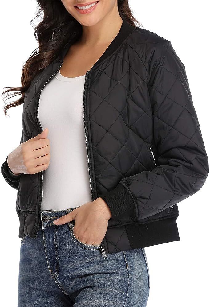 andy & natalie Women's Bomber Jacket 2023 Fashion Qulited Casual Jakcets Long Sleeve Zip up Bombe... | Amazon (US)