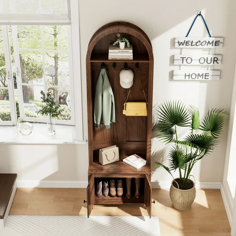 LUCKYELF Hall Tree with Shoe Storage, Farmhouse Arch Coat Rack Cabinet, Entryway Bench Organizer ... | Walmart (US)