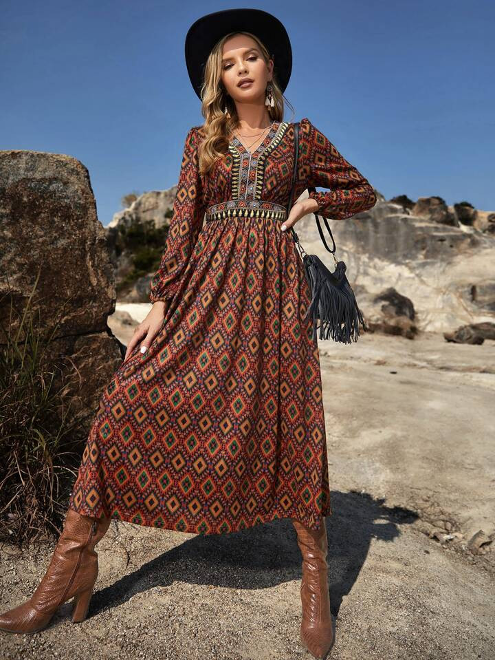 Allover Print Lantern Sleeve Embroidery Tape Trim Dress | SHEIN