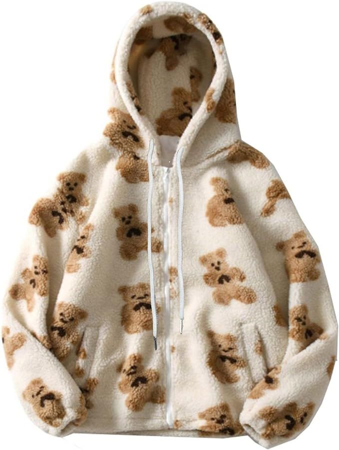 Oversized Sherpa Jacket for Women Fuzzy Fleece Cute Teddy Bear Print Coat Zip Up Long Sleeve Hood... | Amazon (US)